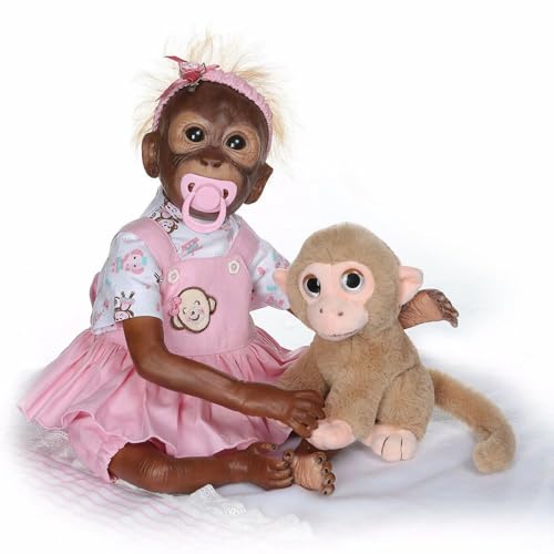 LKBOBIR Reborn Affen-Puppe mit Plüschtier, 51 cm, Rosa Kleid mit Monkey-Print, Handgefertigt von LKBOBIR