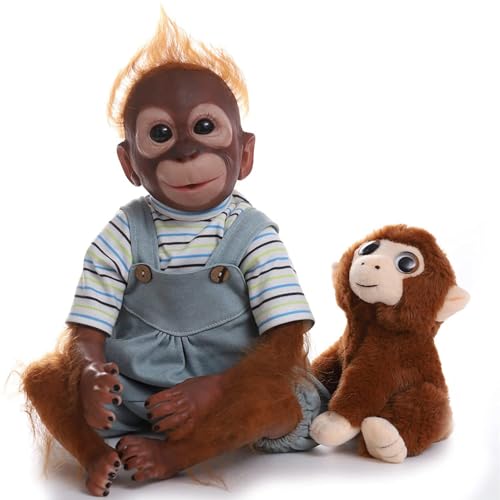 LKBOBIR Reborn Baby Orang-Utan Puppe mit Plüschtier, 50 cm, Gestreiftes T-Shirt und Latzhose, Lebensecht, Sammlerstück von LKBOBIR