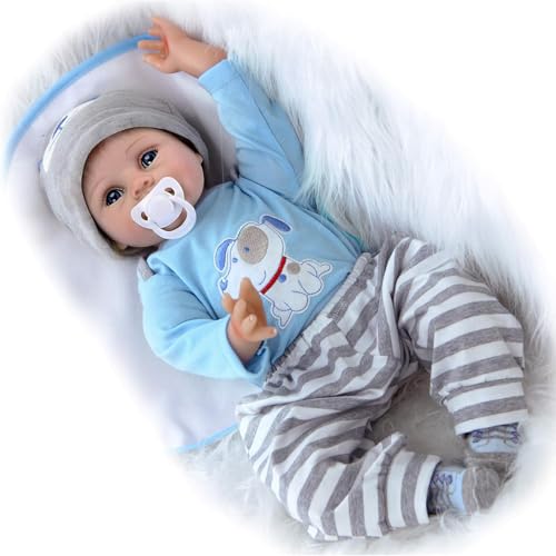 LKBOBIR Reborn Baby Puppe Junge 22 Zoll Weich Vinyl Silikon Puppen Lebensecht Reborn Puppe Mädchen offene Augen 3+ von LKBOBIR