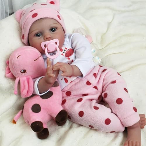 LKBOBIR Reborn Babypuppe, 55 cm, Rosa Polka-Dot Outfit mit Plüschtier, Lebensecht, Weichkörper von LKBOBIR