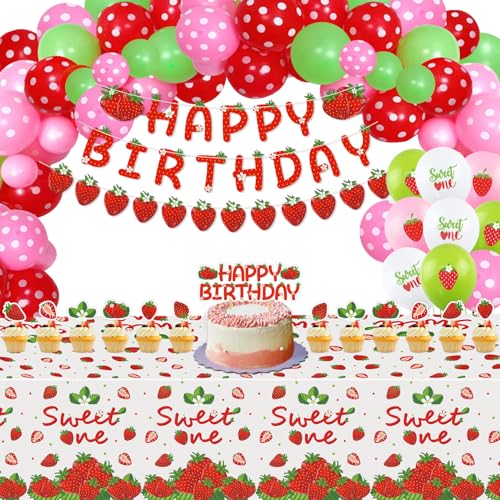 74 Pack Erdbeer Party Dekorationen Berry Ersten Geburtstag Party Supplies Sommer Obst Thema Dekor Sweet One Birthday Dekorationen Set - Erdbeere Ballons, Banner, Tischdecke, Cupcake Toppers von LKITMIUT