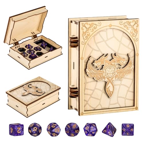 DND Würfelbox Holz mit 7 Lila Polyedrische Würfel, Erleichterung Zweiköpfiger Drache Design Würfel Boxen, Spieleabende D&D Zubehör, Fantasie Spiel Aufbewahrung Box, Geschenke für Tabletop Spieler DND Würfelbox Holz mit 7 Lila Polyedrische Würfel, Erleichterung Zweiköpfiger Drache Design Würfel Boxen, Spieleabende D&D Zubehör, Fantasie Spiel Aufbewahrung Box, Geschenke für Tabletop Spieler von LKKCHER DESIGN