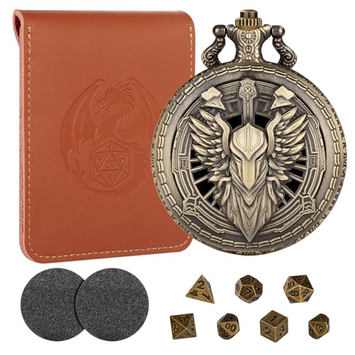 LKKCHER DESIGN Mini-DND-Würfel-Set, Steampunk, hohl, Paladin, Ritter, Krieger, Taschenuhrgehäuse, 7-teilig, polyedrisches Metall, D&D-Würfel-Set, D&D-Geschenke mit Ledertasche, Rollenspiel-Zubehör von LKKCHER DESIGN