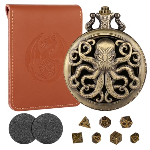 Mini DND Würfel Set, Steampunk Bronze Hohles Oktopus Taschenuhrgehäuse, 7-teiliges Polyedrisches Metall, D&D Würfel Set, DND Geschenke mit Lederbeutel, Rollenspiel-Brettspiel Zubehör Würfel von LKKCHER DESIGN