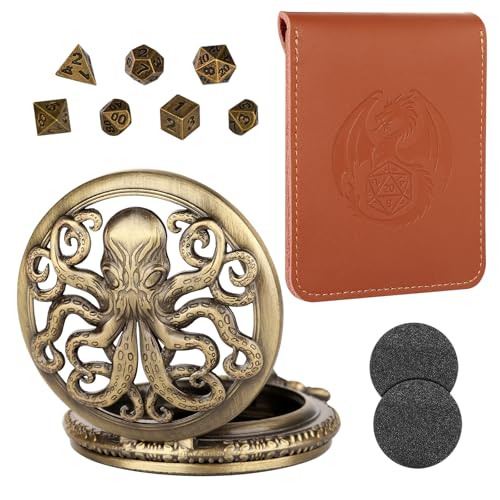 Mini DND Würfel Set, Steampunk Bronze Hohles Oktopus Taschenuhrgehäuse, 7-teiliges Polyedrisches Metall, D&D Würfel Set, DND Geschenke mit Lederbeutel, Rollenspiel-Brettspiel Zubehör Würfel von LKKCHER DESIGN