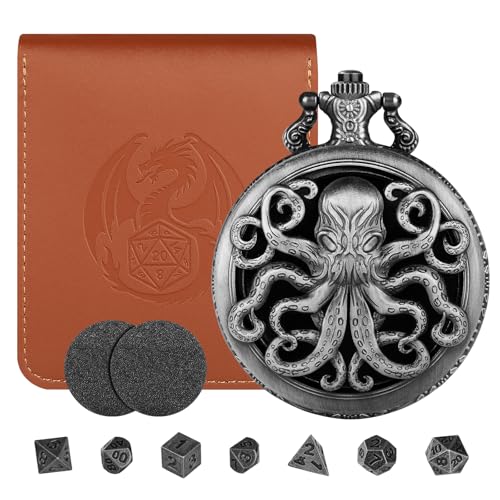 Mini DND Würfel Set, Steampunk Hohles Oktopus Taschenuhrgehäuse, 7-teiliges Polyedrisches Metall, D&D Würfel Set, DND Geschenke mit Lederbeutel, Rollenspiel-Brettspiel Zubehör, Dunkel Silber von LKKCHER DESIGN