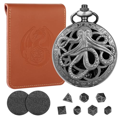 Mini DND Würfel Set Steampunk Hohl Oktopus Taschenuhr Schale, 7-teilige Polyedrische Metall D&D Würfelset, DND Geschenke mit Lederbeutel, Rollenspiele-Brettspiel Zubehör Würfel, Dunkel Silber von LKKCHER DESIGN