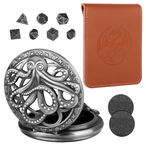 Mini DND Würfel Set Steampunk Hohl Oktopus Taschenuhr Schale, 7-teilige Polyedrische Metall D&D Würfelset, DND Geschenke mit Lederbeutel, Rollenspiele-Brettspiel Zubehör Würfel, Dunkel Silber von LKKCHER DESIGN