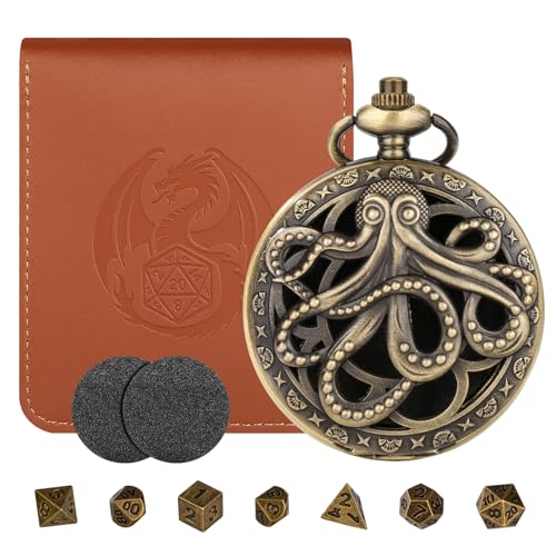 Mini DND Würfel Set Steampunk Hohl Oktopus Taschenuhr Schale Hülle, 7-teilige Polyedrische Metall D&D Würfelset, DND Geschenke mit Lederbeutel, Rollenspiele-Brettspiel Zubehör Würfel, Bronze von LKKCHER DESIGN