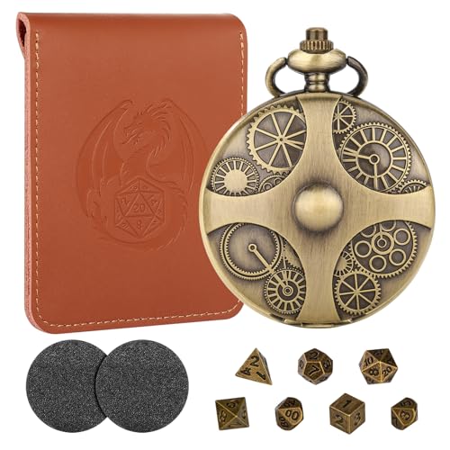 Mini DND Würfel Set mit Bronzefarbenen Steampunk Zahnrad Taschenuhrgehäuse, DND Geschenke mit Würfelbeutel, 7-teiliges Polyedrisches Metall D&D Würfel Set, D&D Rollenspiel-Brettspiel Zubehör Würfel von LKKCHER DESIGN