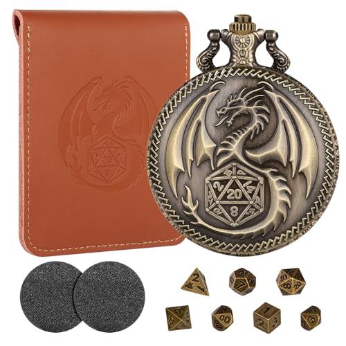 Mini DND Würfel Set mit Steampunk Drachen Muster Taschenuhrgehäuse, 7-Teilig Polyedrisches Metall D&D Würfel Set, DND Geschenke mit Lederbeutel, RPG, MTG, Rollenspiel-Brettspiel Zubehör Würfel, Bronze von LKKCHER DESIGN