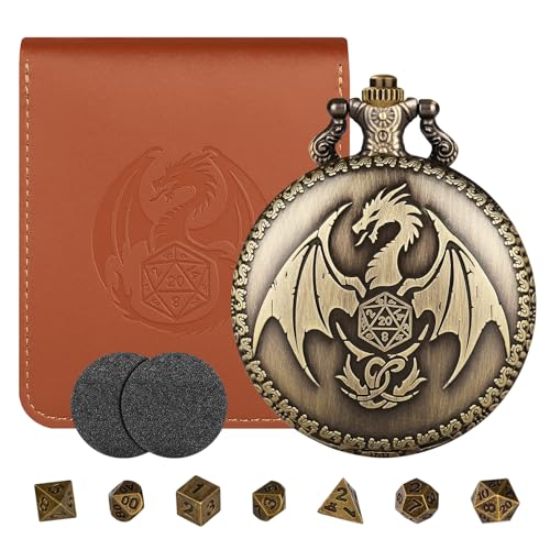 Mini DND Würfel Set mit Steampunk Flügel Drache Taschenuhrgehäuse, 7-Teilig Polyedrisches Metall D&D Würfel Set, DND Geschenke mit Lederbeutel, RPG, MTG, Rollenspiel-Brettspiel Zubehör Würfel, Bronze von LKKCHER DESIGN