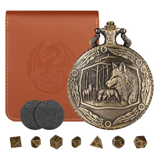 Mini DND Würfel Set mit Steampunk Wolf Taschenuhrgehäuse, 7-teiliges Polyedrisches Metall D&D Würfel Set, DND Geschenke mit Lederbeutel für Spieler, RPG, MTG, Rollenspiel Brettspiel Zubehör, Bronze von LKKCHER DESIGN