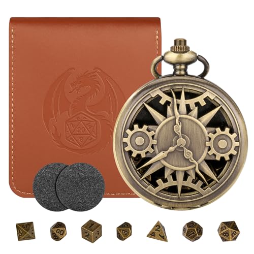 Mini DND Würfel Set mit Bronzefarbenen Steampunk Hohl Zahnrad Taschenuhrgehäuse, DND Geschenke mit Würfelbeutel, 7-teiliges Polyedrisches Metall D&D Würfel Set, Rollenspiel-Brettspiel Zubehör Würfel von LKKCHER DESIGN