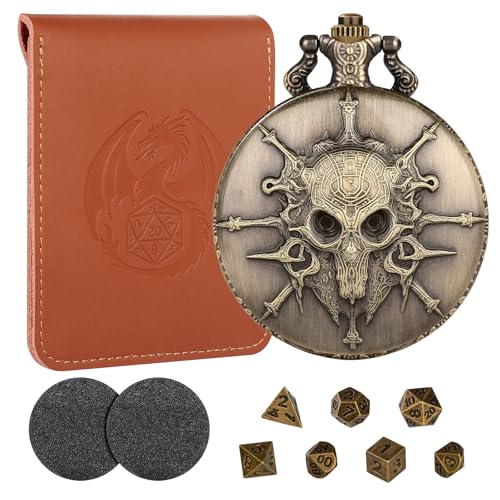 Mini DND Würfel Set mit Bronzefarbenen Steampunk Warlock Taschenuhrgehäuse, DND Geschenke mit Lederbeutel, 7-teiliges Polyedrisches Metall D&D Würfel Set, D&D Rollenspiel-Brettspiel Zubehör Würfel von LKKCHER DESIGN