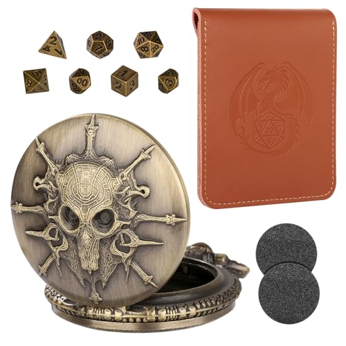 Mini DND Würfel Set mit Bronzefarbenen Steampunk Warlock Taschenuhrgehäuse, DND Geschenke mit Lederbeutel, 7-teiliges Polyedrisches Metall D&D Würfel Set, D&D Rollenspiel-Brettspiel Zubehör Würfel von LKKCHER DESIGN