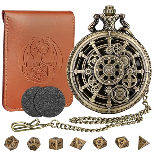 Mini DND Würfelset mit Steampunk Hohlzahnrad Taschenuhr Muschelgehäuse, 7-teiliges Polyedrisches D&D-Würfelset aus Metall, DND Geschenke mit Lederbeutel, Rollenspiel-Brettspielzubehör, Bronze von LKKCHER DESIGN