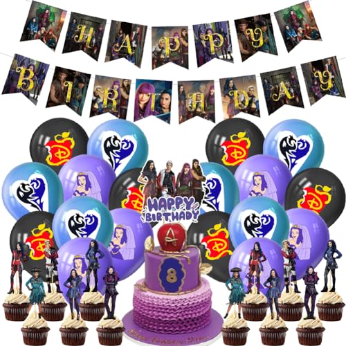 LKNBIF Descendants Party Dekorationen 32 Stück Descendants Geburtstag Party Deko Luftballons Geburtstag Dekorationen mit Ballons Descendants Banner Kuchen Topper für Kinder Party von LKNBIF