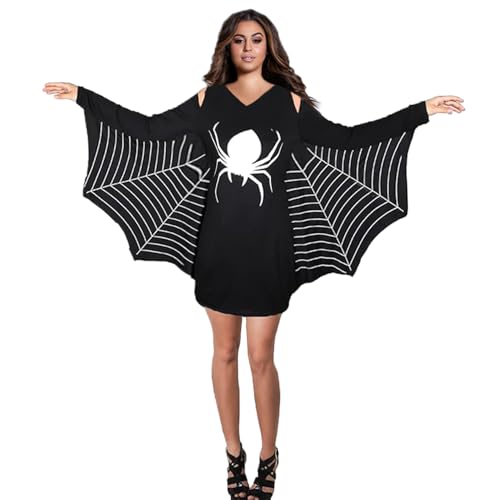 LKOIVNED Fledermaus Kostüm Damen, Spinnen Kostüm Damen Spinnennetz Fledermaus Flügel Kleid Schwarz Halloween Kostüme für Erwachsene Halloween Karneval Fasching Mottoparty Cosplay Party (S) von LKOIVNED