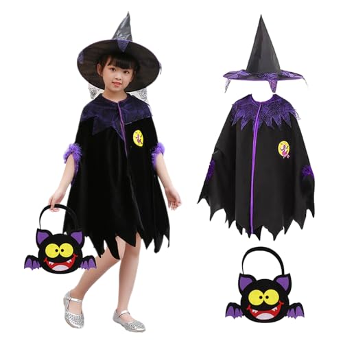 Halloween Kostüm Kinder Jungen, Halloween Kostüm Kinder Mädchen, Lila Schwarz Hexenkostüm Mädchen mit Hexenhut und Halloween Tüten für Süßigkeiten für Halloween Cosplay Party 3-10 Jahre 100-140cm von LKOIVNED