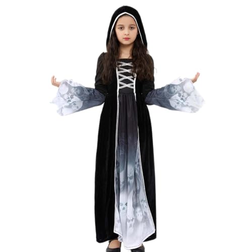 LKOIVNED Halloween Kostüm Mädchen, Sensenmann Kostüm Kinder, Gespensterprinzessin Kostüm mit Schwarz Kapuze, Grim Reaper Costume Kids für Halloween Karnevals Cosplay (L) von LKOIVNED