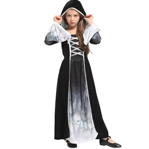 LKOIVNED Halloween Kostüm Mädchen, Sensenmann Kostüm Kinder, Gespensterprinzessin Kostüm mit Schwarz Kapuze, Grim Reaper Costume Kids für Halloween Karnevals Cosplay (M) von LKOIVNED