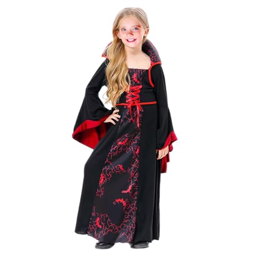 LKOIVNED Vampir Kostüm Mädchen, Faschingskostüme Kinder Mädchen, Mittelalter Vampir Kostüm Kinder Schwarz Rot Elegante Queen Dress Up Party Verkleidung Fasching Karneval Cosplay Kostüme (120) von LKOIVNED