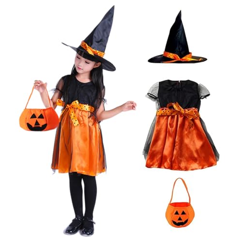 LKOIVNED Halloween Kostüm Kinder, Hexenkostüm Mädchen mit Hexenhut und Sammeltasche, Hexekleid Kinder für Halloween Karneval Bekleidung Maskerade Rollenspiele Fasching Cosplay (100) von LKOIVNED