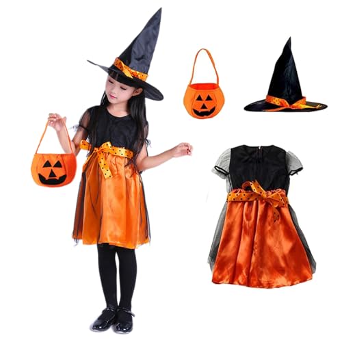 LKOIVNED Halloween Kostüm Kinder, Hexenkostüm Mädchen mit Hexenhut und Sammeltasche, Hexekleid Kinder für Halloween Karneval Bekleidung Maskerade Rollenspiele Fasching Cosplay (100) von LKOIVNED