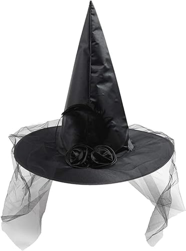 LKOIVNED Hexenhut mit Schleier und Federn Halloween Kostüm Damen Hexe Accessoires Großer Schwarzer Hexenhut Damen für Halloween, Party, Karneval, Cosplay von LKOIVNED