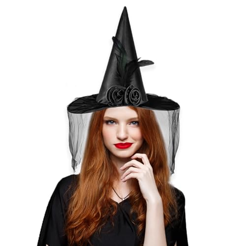 LKOIVNED Hexenhut mit Schleier und Federn Halloween Kostüm Damen Hexe Accessoires Großer Schwarzer Hexenhut Damen für Halloween, Party, Karneval, Cosplay von LKOIVNED