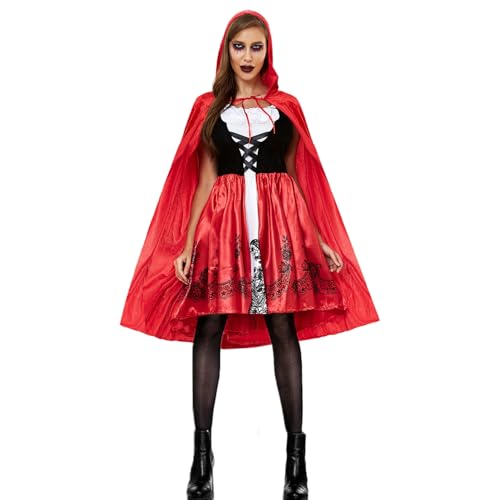 LKOIVNED Rotkäppchen Kostüm Kleid und Umhang mit Kapuze, Halloween Kostüm Damen Kleid Rotkäppchen Umhang Erwachsene für Halloween Weihnachten Karneval Cosplay Partykleid Märchen Verkleidung (L) von LKOIVNED