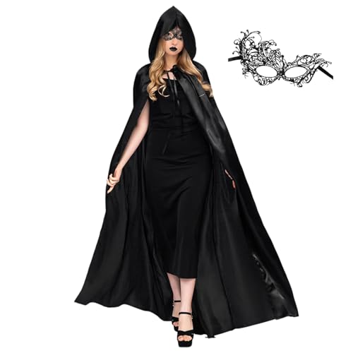 LKOIVNED Schwarzer Umhang mit Kapuze, Halloween Kostüm Erwachsene Mittelalter Vampir Umhang mit Augenmaske für Damen Halloween Fasching Karneval Maskerade Sensenmann Hexe Cosplay Party (L) von LKOIVNED