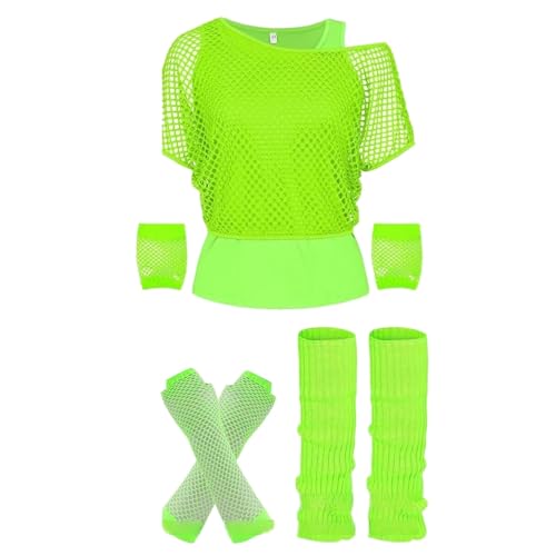 faschingskostüme Neon partner kostüme kostüm damen fasching pretty woman hoffe netzoberteil MottoParty Karneval Kostüm Damen, 80er 90er Jahre Outfit, Netzshirt und Tank top 2-teiliges Set 03 Grün XL von LKRSEEF