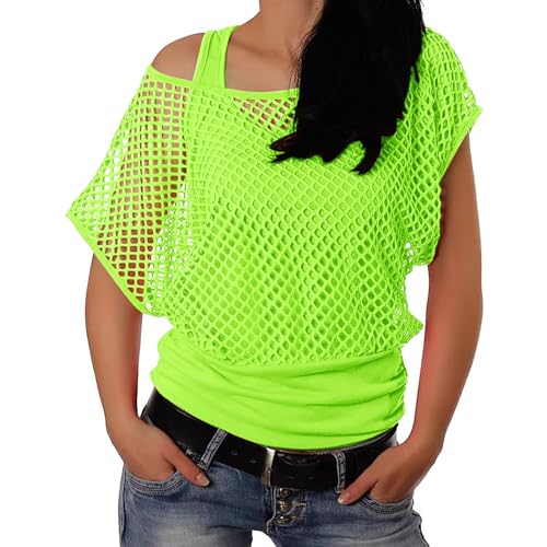 faschingskostüme Neon partner kostüme kostüm damen fasching pretty woman them netzoberteil MottoParty Karneval Kostüm Damen, 80er 90er Jahre Outfit, Netzshirt und Tank top 2-teiliges Set #03 Grün L von LKRSEEF