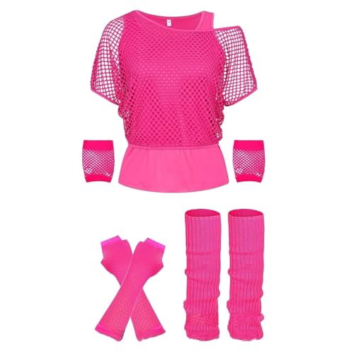 faschingskostüme Neon partner kostüme kostüm damen fasching woman them hoffe netzoberteil MottoParty Karneval Kostüm Damen, 80er 90er Jahre Outfit, Netzshirt und Tank top 2-teiliges Set 01 Rosa M von LKRSEEF