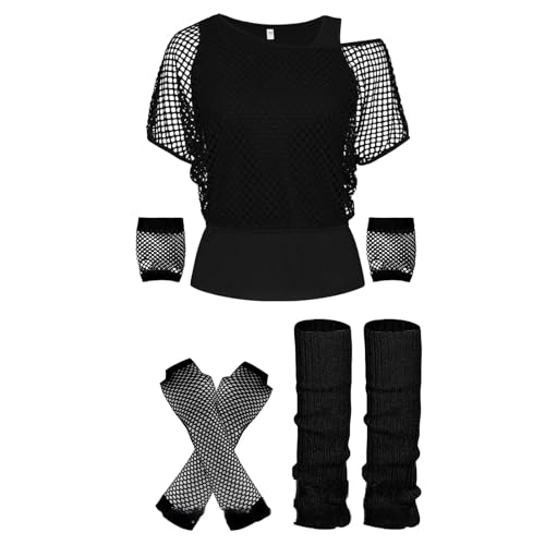 faschingskostüme partner kostüme kostüm damen fasching pretty woman them hoffe netzoberteil MottoParty Karneval Kostüm Damen, 80er 90er Jahre Outfit, Netzshirt und Tank top 2-teiliges Set 02 Schwarz M von LKRSEEF