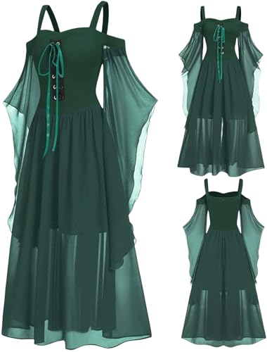 LLECDASEUI Halloween Kostüme für Frauen 2024 Kalte Schultern Feenkleid Chiffon Vintage Kleid Schlagschulter Renaissance Kleid (Grün,3XL) von LLECDASEUI