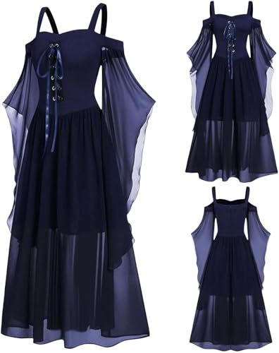 LLECDASEUI Halloween Kostüme für Frauen 2024 Kalte Schultern Feenkleid Chiffon Vintage Kleid Schlagschulter Renaissance Kleid (Marineblau,3XL) von LLECDASEUI