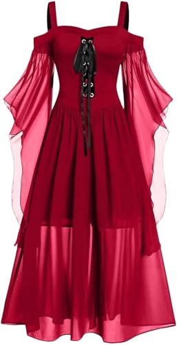 LLECDASEUI Halloween Kostüme für Frauen 2024 Kalte Schultern Feenkleid Chiffon Vintage Kleid Schlagschulter Renaissance Kleid (Rot,3XL) von LLECDASEUI