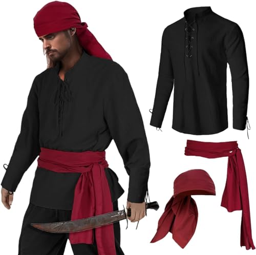 LLECDASEUI Herren Renaissance-Hemd Pirat Mittelalterlich Wikinger Top Leinen Langarm Halloween Kostüm (Schwarz,XXL) von LLECDASEUI