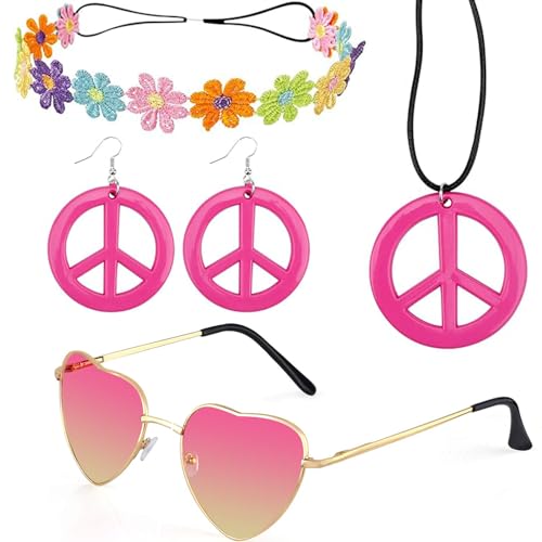 Hippie Kostüm Set, Hippie Accessoires, Hippie Haarband, Ankleidezubehör Hippie Partyzubehör, Hippie Kleidung Damen Herren Accessoires, 60er 70er Jahre Bekleidung Stirnband Friedenszeichen Halskette von LLGSDLL