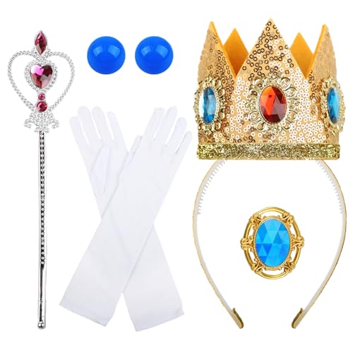 LLMSIX 5 Stück Peach Krone Set，Prinzessin Krone Zauberstäbe Broschen Ohrringe Handschuhe Prinzessin Peach Kostüm Zubehör Prinzessin Krone Mädchen für Geburtstage, Cosplay, Karneval von LLMSIX