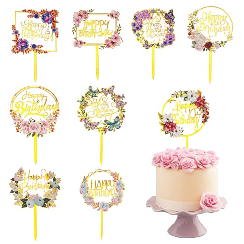 9 Stück Happy Birthday Tortendeko,Blumenthema Cake Topper Geburtstag,Golden Acryl Kuchenkarte für Geburtstagsparty Happy Birthday Widget 9 Stück Happy Birthday Tortendeko,Blumenthema Cake Topper Geburtstag,Golden Acryl Kuchenkarte für Geburtstagsparty Happy Birthday Widget von LLOUSSAK