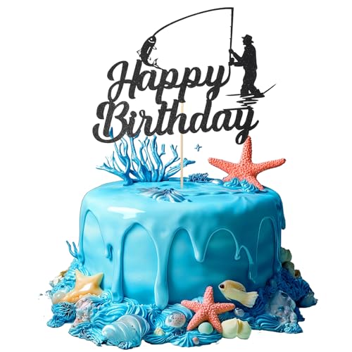 Angel-Kuchenaufsatz, Fischerkuchenaufsatz, Fisch-Kuchendekorationen für Fischer-Thema, Outdoor-Angelkuchen, Happy Birthday-Topper für Jungen, Männer (schwarz) von LLOUSSAK