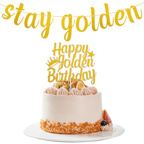 Happy Golden Birthday Cake Topper, Golden Birthday Party Decorations Set, Stay Golden Hanging Banner & Gold Glitter Birthday Cake Pick, Gold Birthday Decor Ideas for Anniversary Party Supplies von LLOUSSAK