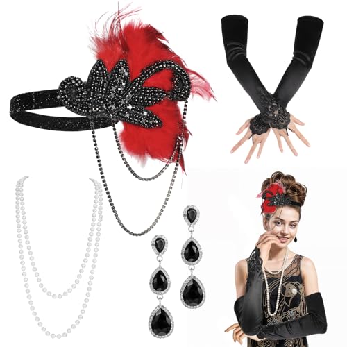 LLOUSSAK 1920er Jahre Flapper Kleider für Damen, Great Gatsby Kostüm Brüllende 20er Jahre Accessoires Set, Elegantes Verkleidungszubehör Rote Feder Kopfbedeckung Flapper Mädchen Handschuhe, Vintage von LLOUSSAK