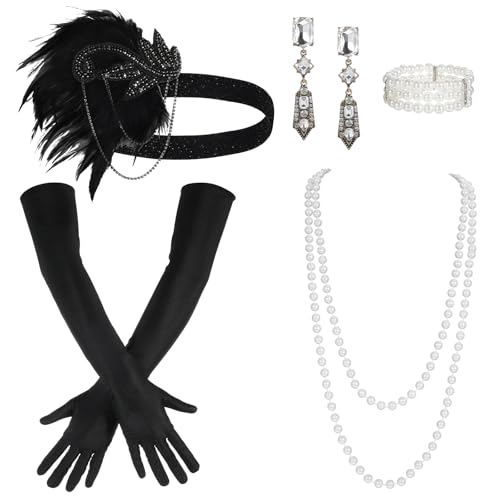 LLOUSSAK 1920er Jahre Flapper Zubehör Set für Damen, 20er Jahre Flapper Stirnband Ohrringe, Perlenkette, Armband, Handschuhe, Flapper Kostüm Zubehör für Frauen Mädchen von LLOUSSAK