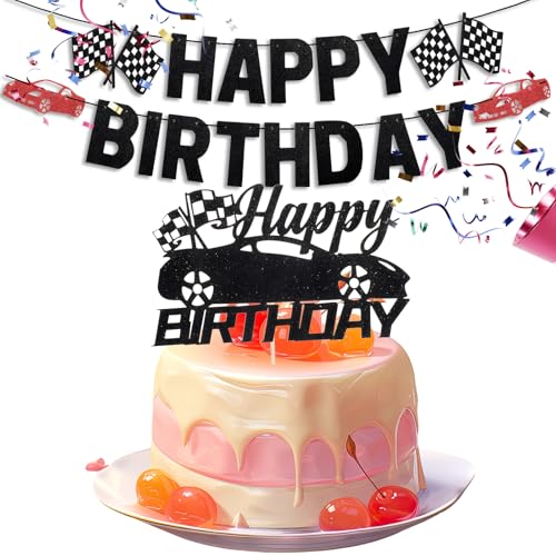 Schwarz Happy Birthday Banner, Happy Birthday Cake Topper Rennwagen Geburtstag Banner Karierte Flagge Rennen Banner Auto Geburtstag Party Dekorationen Happy Birthday Schild Racing Motto Party Supplies von LLOUSSAK