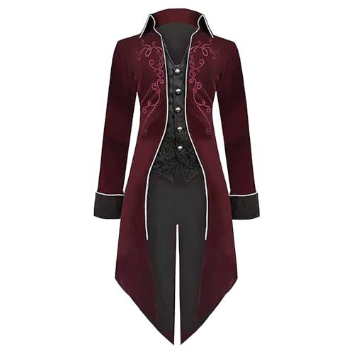 LLTTEER Herren Steampunk Vintage Frack Jacke Gothic Retro Mantel Mittelalter Kleidung Party Cosplay Herren Kostüme für Erwachsene (Rot, 2XL) von LLTTEER